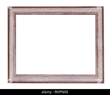 empty brown and silver painted wooden picture frame with cut out canvas isolated on white background Stock Photo