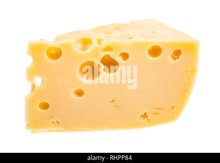 piece of yellow semi-hard cow's milk swiss cheese with internal holes isolated on white background Stock Photo