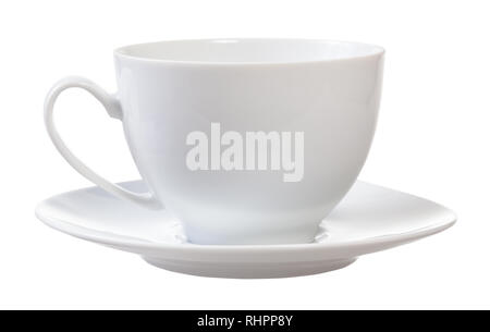 side view of white porcelain cup and saucer isolated on white background Stock Photo