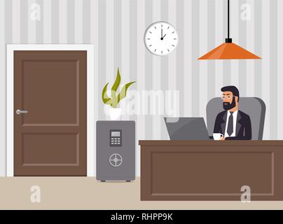 Chief s office. Boss in suit and glasses, working on laptop. Table, safe, chair, potted plant, clock and lamp. Office interior. Vector illustration Stock Vector