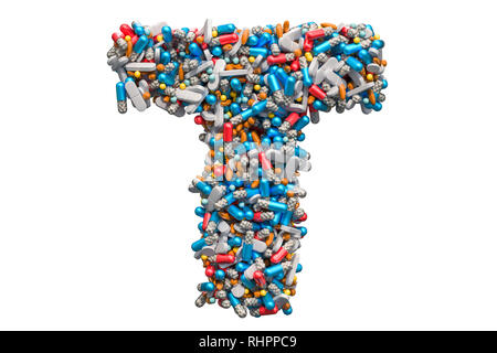 Letter T from medicine pills, capsules, tablets. 3D rendering isolated on white background Stock Photo