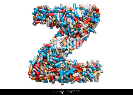 Letter Z from medicine pills, capsules, tablets. 3D rendering isolated on white background Stock Photo