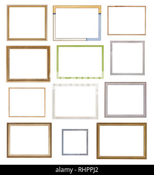collage from various empty wooden picture frames with cut out canvas isolated on white background Stock Photo