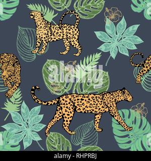 Colorful seamless pattern of hand drawn sketch style leopards with tropical plants and flowers. Vector illustration. Stock Vector