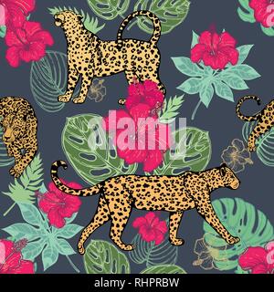 Colorful seamless pattern of hand drawn sketch style leopards with tropical plants and flowers. Vector illustration. Stock Vector