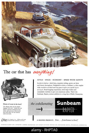 1956 British advertisement for the Sunbeam Rapier motor car. Stock Photo