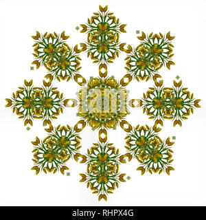 Fine art floral decorative and symmetrical fractal color pattern made from macros of yellow dark green red tulips,white background,vintage painting Stock Photo