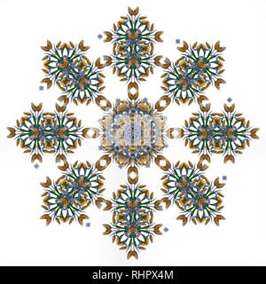 Fine art floral decorative and symmetrical fractal color pattern made from macros of yellow green blue tulips on black background in vintage painting Stock Photo