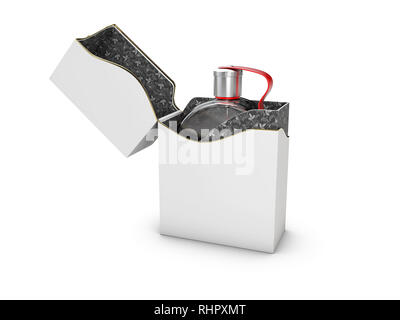 Perfume bottle in black and white box on white background. Concept of new scent promotion. 3d rendering Stock Photo