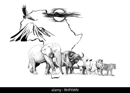 Big african five animal on Africa map bakground with mount and sun. Hand drawn illustration. Collection of hand drawn illustrations (originals, no tra Stock Photo