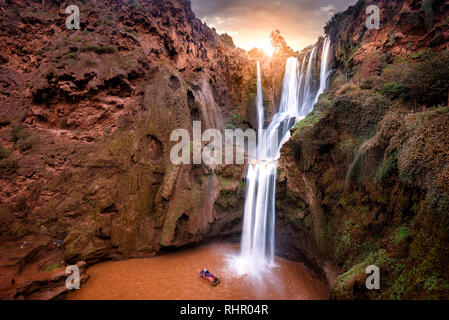 Ouzoud Waterfalls ( Cascades d'Ouzoud ) located in the Grand Atlas village of Tanaghmeilt, in the Azilal province in Morocco, Africa. Sunset Stock Photo