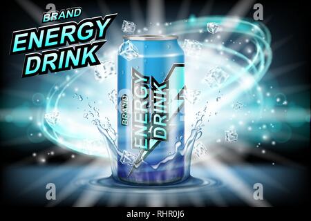 Energy drink label ads with ice cubes on dark background. Package design energy drink for poster or banner. Realistic aluminium can mock up. Vector 3d Stock Vector