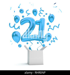 Happy 21st birthday blue surprise balloon and box. 3D Rendering Stock Photo