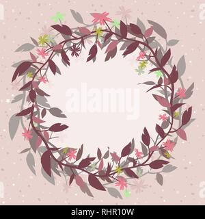 Pink vector background with a round floral frame in the form of a wreath. Eps 10 Stock Vector