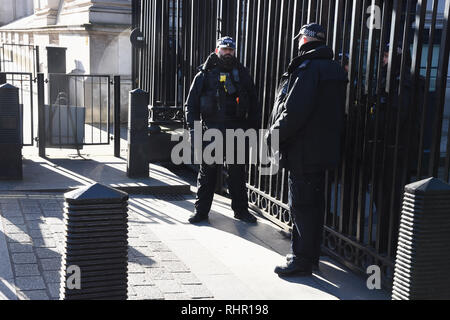 Armed Police guarding the entrance to 10 Downing Street, Whitehall, London.UK Stock Photo