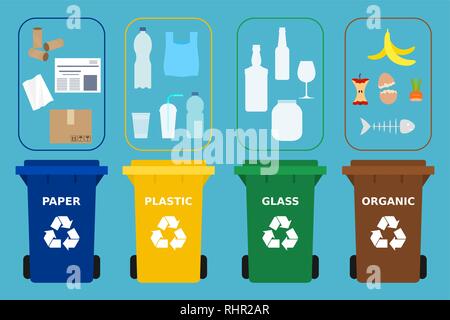 Different colored recycle bins. Different waste suitable for recycling. Paper, plastic, glass and organic garbage. Segregate waste, sorting garbage Stock Vector