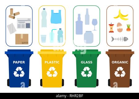 Different colored recycle bins. Different waste suitable for recycling. Paper, plastic, glass and organic garbage. Segregate waste, sorting garbage Stock Vector