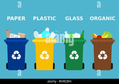 Different colored trash cans with paper, plastic, glass and organic waste suitable for recycling. Segregate waste, sorting garbage, waste management. Stock Vector