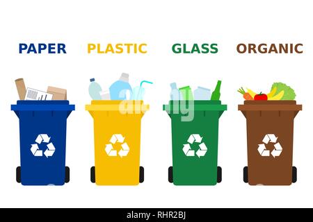 Different colored trash cans with paper, plastic, glass and organic waste suitable for recycling. Segregate waste, sorting garbage, waste management. Stock Vector