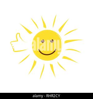 summer sun face with thumb up and happy smile vector illustration Stock Vector