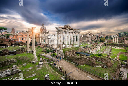 Panoramic image view of Ruins of Roman Forum, also known as Foro di Cesare, or Forum of Caesar, in Rome, Italy, on a bright summer day. on Capitolium Stock Photo