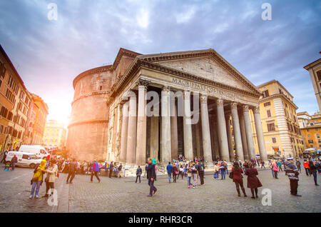 Roman Pantheon is one of the best-known sights of Rome. Pantheon square with the ancient Egyptian obelisk in morning. Rome Italy Stock Photo