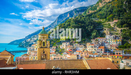 Beautiful view of the colorful houses and Mediterranean Sea in Amalfi village, Italy.  Part of The small haven of Amalfi coast Stock Photo