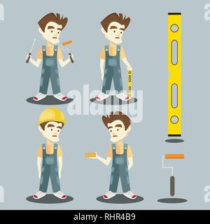 Set of Young builder in overalls. Set of vector flat design illustrations isolated on light background. Stock Vector