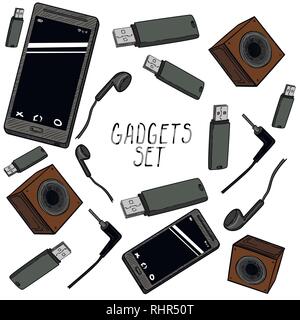 Set of hand drawn gadget icons with phone, game pad, tablet, pc, flash card, headphones, watches and other Stock Vector