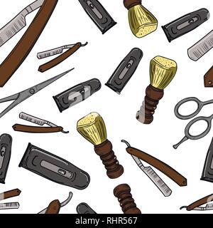 Hand drawn retro barbershop seamless pattern. Scissors, razor, shaving brush, barber pole, shaving mirror, moustache comp Stock Vector