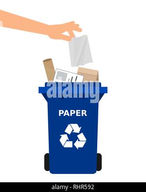 Hand throwing a paper into a recycle bin. Paper recycling, segregate waste, sorting garbage, eco friendly, concept. White background. Vector Stock Vector