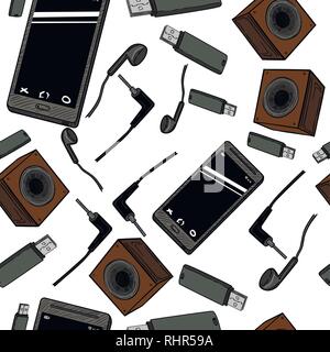 Seamless pattern of electronic gadget icons with phone, game pad, tablet, pc, flash card, headphones, watches and other Stock Vector