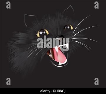 black cat, black background, vector illustration, angry cat, hissing Stock Vector