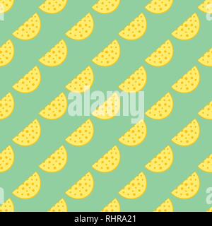 Cheese slice seamless pattern on the neon green background Stock Vector
