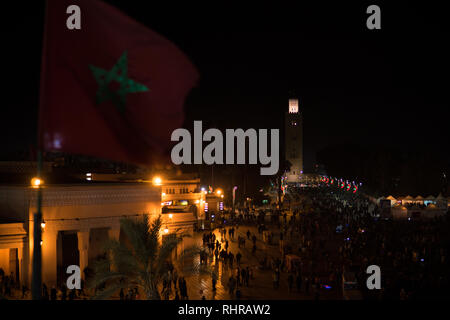 MOROCCO - MARRAKECH JAN 2019: Night view on koutoubiya mosque from Djemaa el Fna, a square and market place in Marrakesh medina quarter