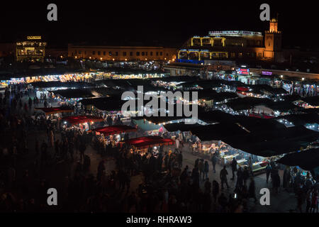 MOROCCO - MARRAKECH JAN 2019: Night view of Djemaa el Fna, a square and market place in Marrakesh medina quarter