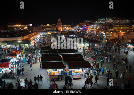MOROCCO - MARRAKECH JAN 2019: Night view of Djemaa el Fna, a square and market place in Marrakesh medina quarter