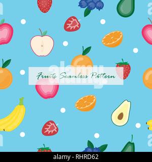 Creative vector illustration fruits seamless on blue background. Paper art digital craft papercut style. Stock Vector