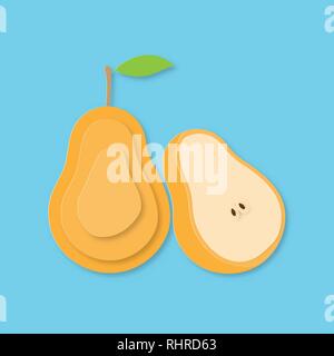 Creative vector illustration pear fruits and pear half. On blue background with paper textured. Paper art digital craft papercut style. Stock Vector