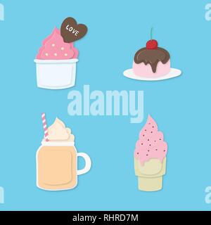 Set of colorful pastel sweet dessert. Ice cream, cup cake, juice, pan cake on blue background. Paper art digital craft papercut style. Stock Vector