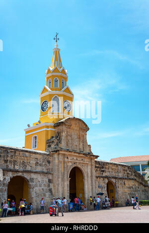 CARTAGENA, COLOMBIA - MAY 23: Vendors in front of the clock tower gate in Cartagena, Colombia on May 23, 2016 Stock Photo
