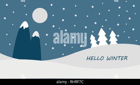 Hello Winter Blue winter landscape snowy funny Snowmen snowman Vector snowdrifts falling snow falling snowflake snowflakes Merry Christmas Happy New Stock Vector