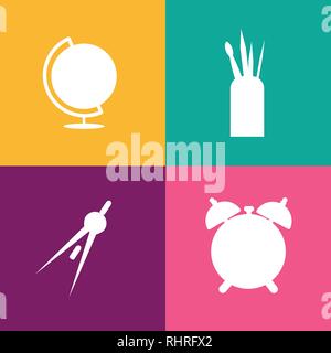 Set of simple vector isolated icons vector, pencil, pen, alarm clock, table lamp, compass Stock Vector
