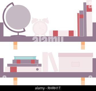 Book shelf. Bookstore indoor. Bookshelves with different books set. Home library interior. Reading and learning, knowledge and education.isolated on Stock Vector