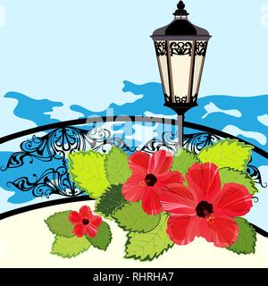 Tropical coastline, lantern, fence and flowers, vector illustration Stock Vector