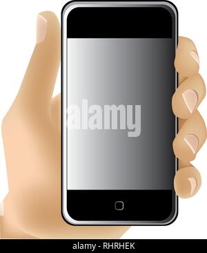 Hand holding phone, black mobile phone, vector illustration, white background Stock Vector