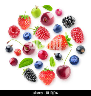 Isolated fresh berries in a circular composition. A group of strawberry, cherry, blackberry and other fresh berries isolated on white background with  Stock Photo
