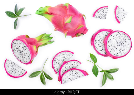 Dragon fruit, Pitaya or Pitahaya isolated on white background. Top view. Flat lay Stock Photo