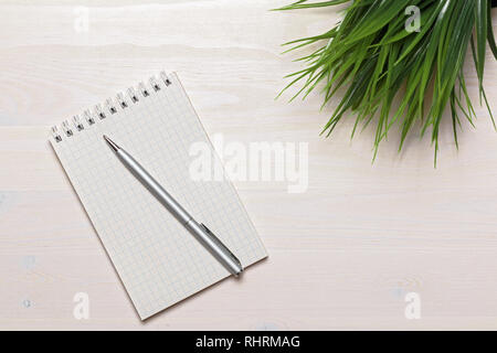 Open blank notepad with spiral and gray pen on white wooden background. Top view. Copy space Stock Photo