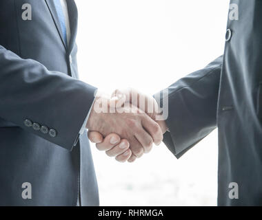 Two businessmen shaking hands standing by windows in office Stock Photo